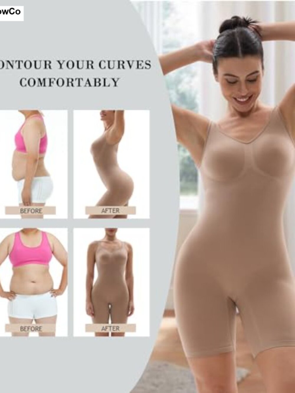 SHAPERX Mid-Thigh Bodysuit Tummy Control Shapewear - Picture 2 of 6